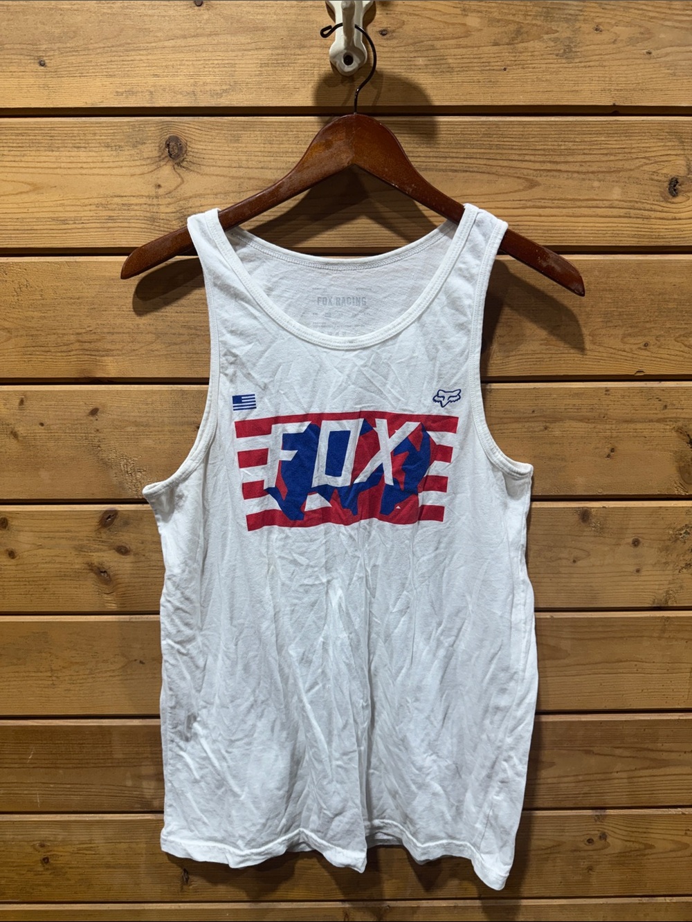 Fox White Tank with Red & Blue Striped Logo